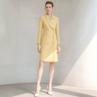AS春秋高端洋气黄色OL西装连衣裙长袖主持人职业装女时尚宴会礼服