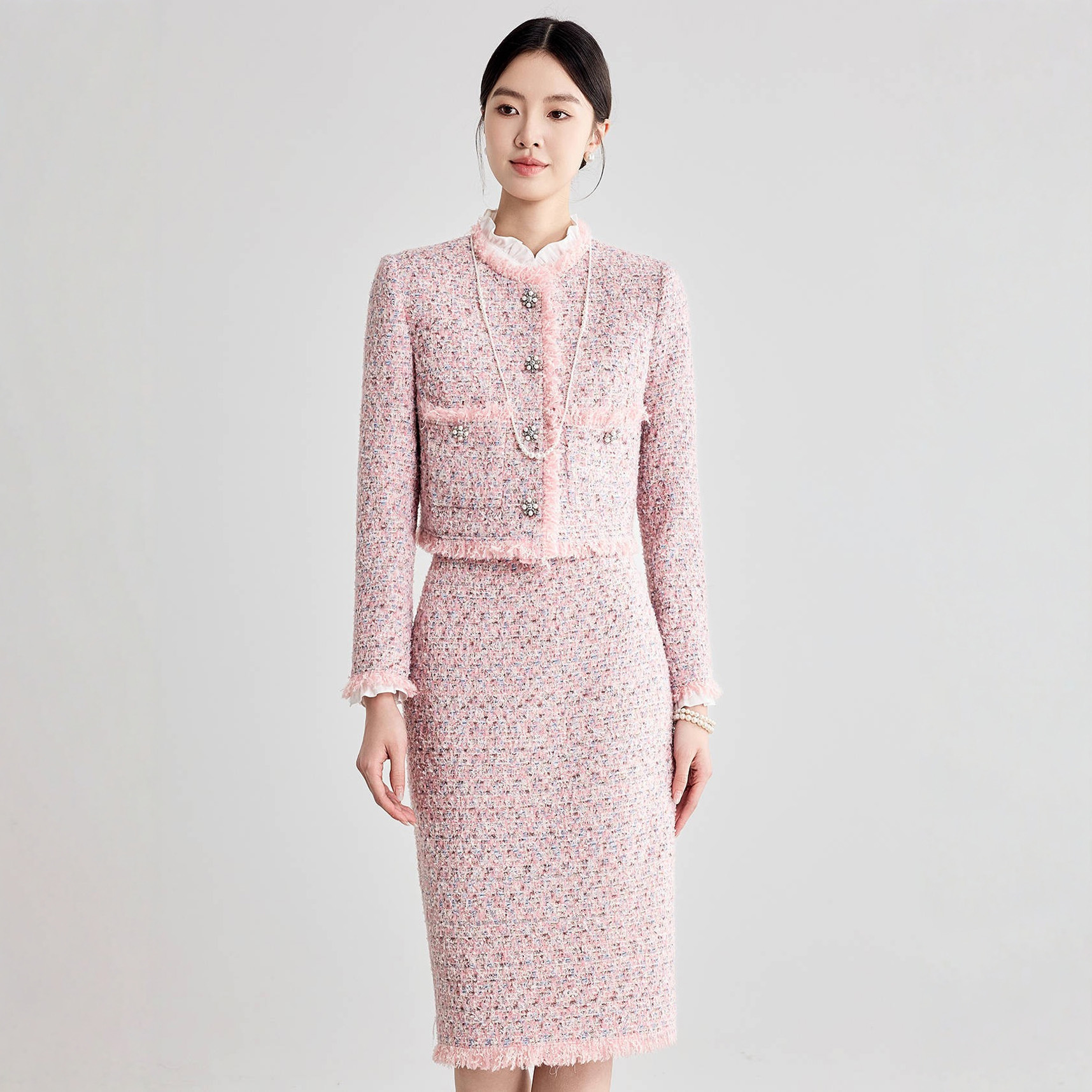 高级感粉色羊毛小香风粗花呢套装