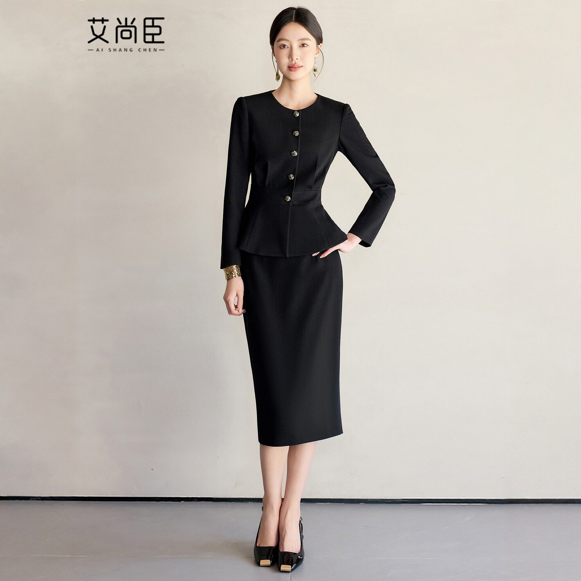 宴会礼服黑色小香风西装套装工装
