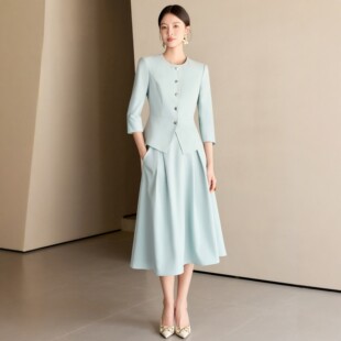 艾尚臣浅蓝色小香风正式场合西装套装伞裙高级感主持人工作服礼服