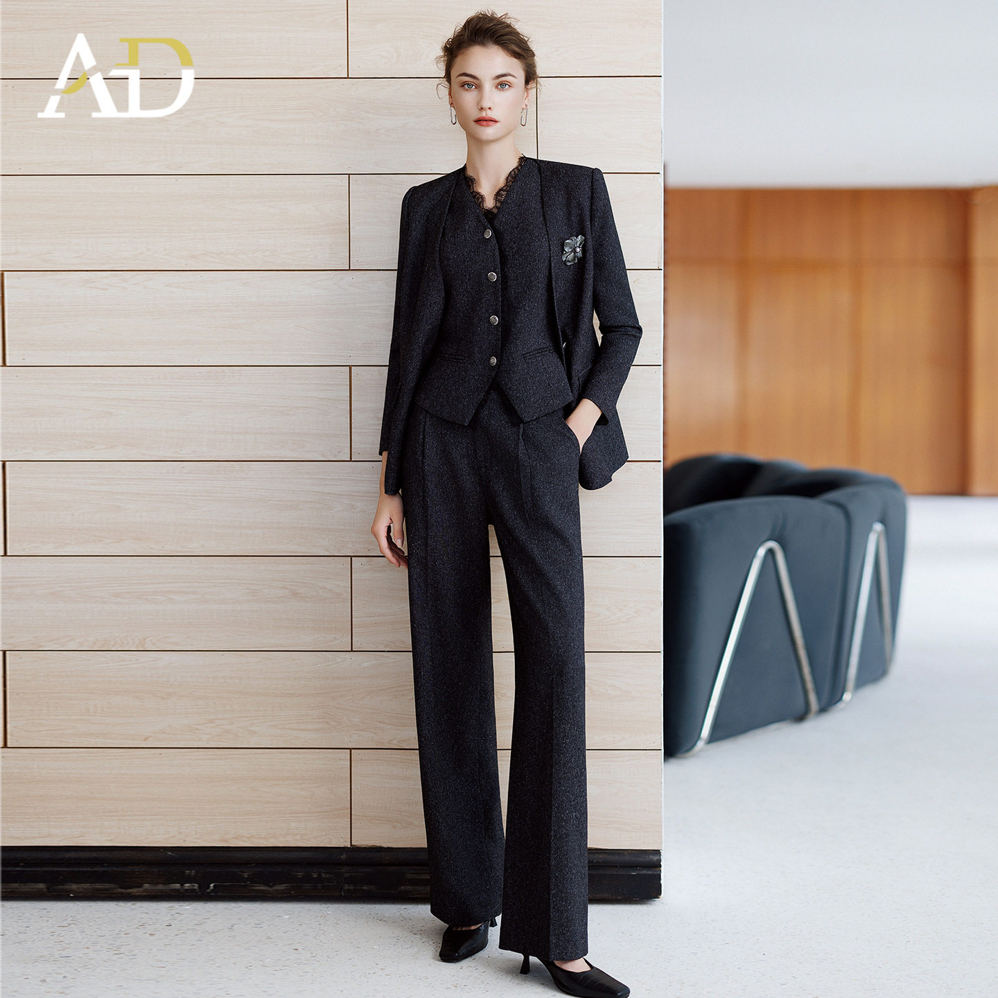 AD深花灰色西装套装女高级感蕾丝西服三件套职业装工作服宴会礼服