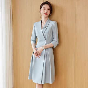 主持人浅蓝色连衣裙女高级感长袖西装裙比赛演讲聚会约会宴会礼服