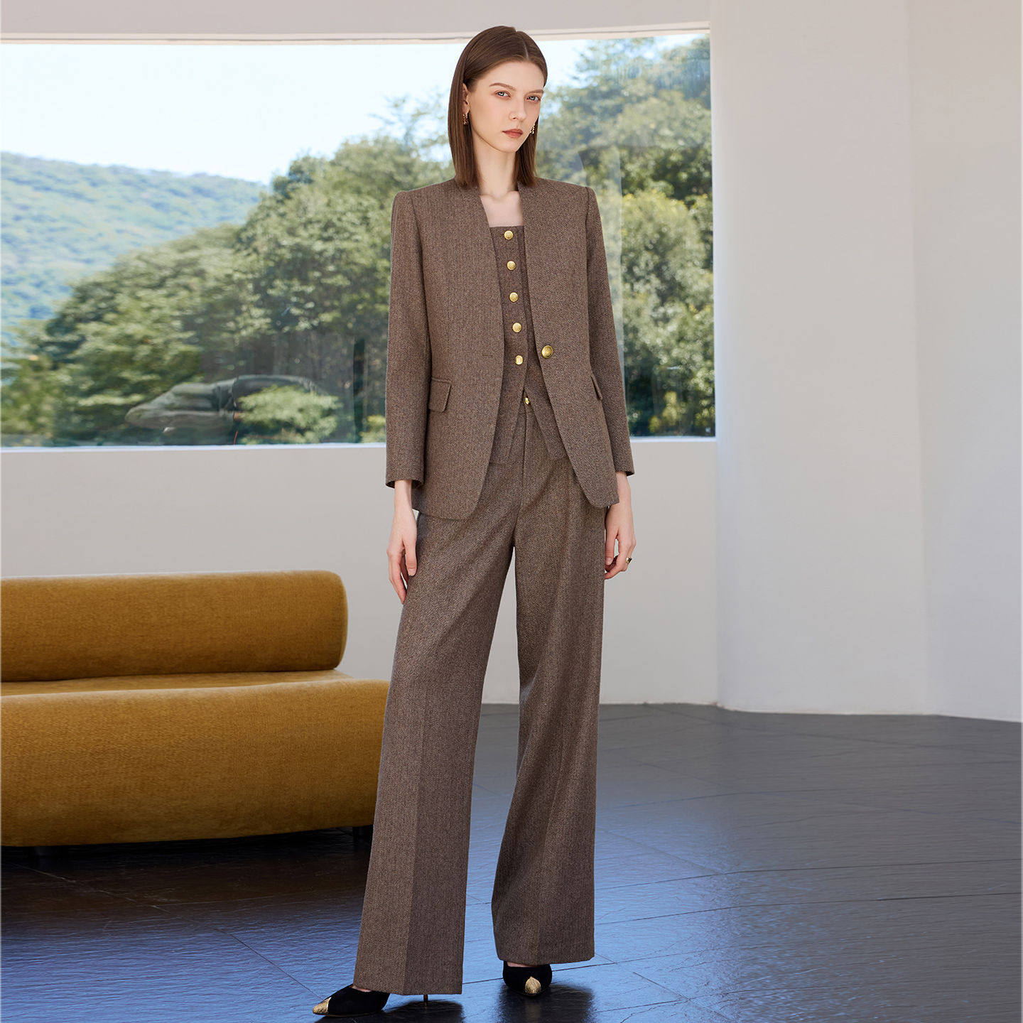 AD棕色冬季羊毛加厚条纹西装套装女职业正装三件套老钱风西服外套