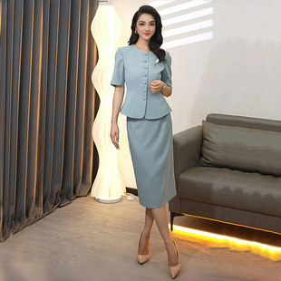浅蓝色主持人职业套装女夏季两件套教师录课演讲比赛前台宴会礼服