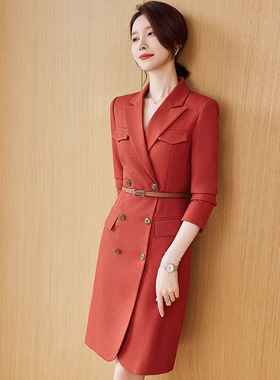 橘红色高端职业连衣裙女长袖春夏气质主持人正装教师销售主播礼服