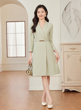 主持人浅绿色连衣裙女气质长袖西服裙演讲比赛职业装聚会宴会礼服