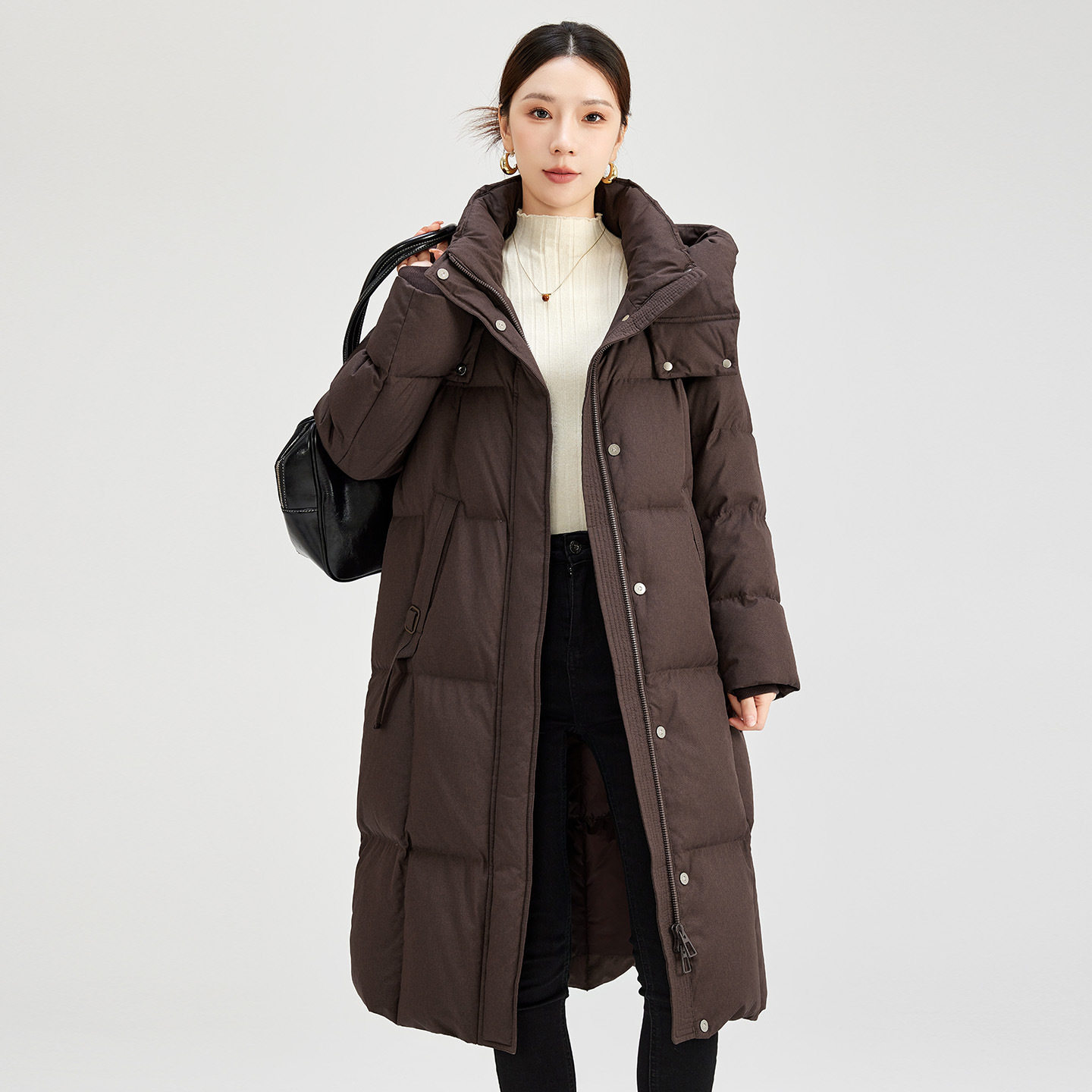 鹅绒羽绒服长款过膝黑色加厚保暖外套冬季新款连帽大牌前台工作服