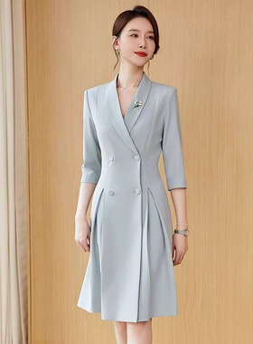 浅蓝色西装连衣裙高级感主持人播音主持艺考比赛演讲正装教师工装