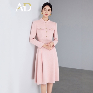 AD秋冬羊毛呢子气质千金粉色名媛时尚加厚职业连衣裙大摆宴会礼服