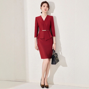 年会新年主持人红色职业连衣裙前台工作装女高级感工作服庆典礼服