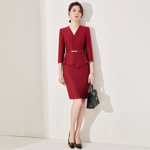 年会新年主持人红色职业连衣裙女