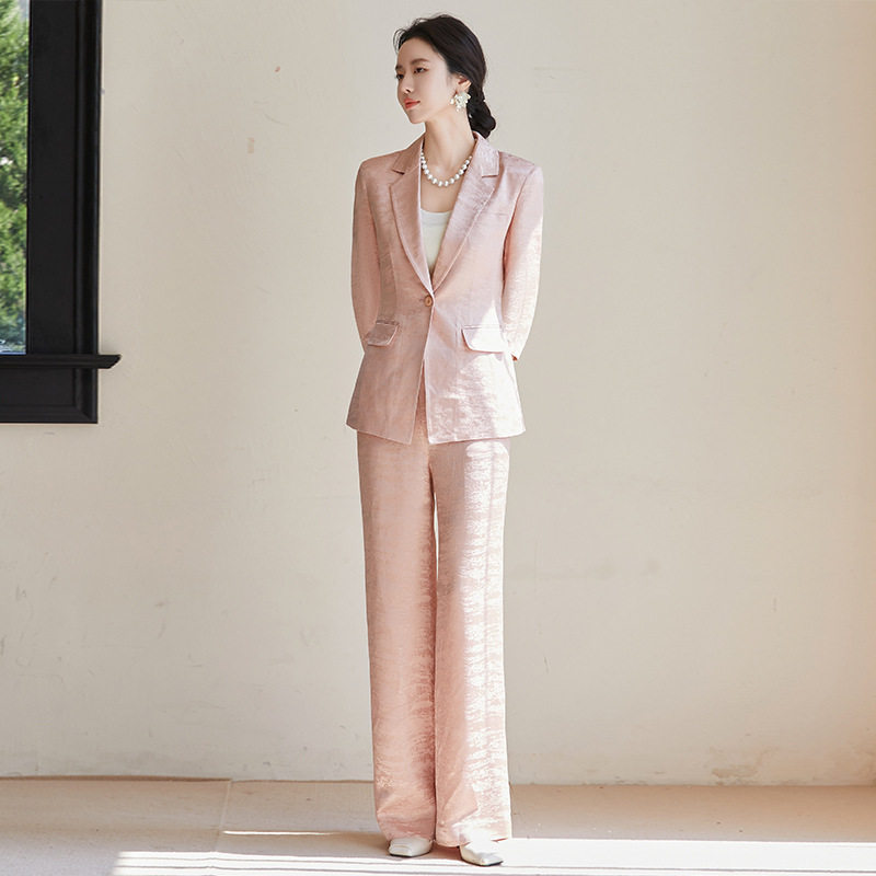 新中式轻国风西装套装薄款职业装气质粉色提花西服礼服女正装春夏