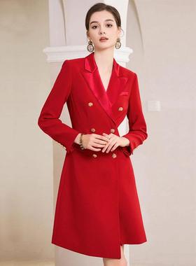 AD红色年会新年庆典宴会礼仪接待礼服主持人西装连衣裙女正装高端