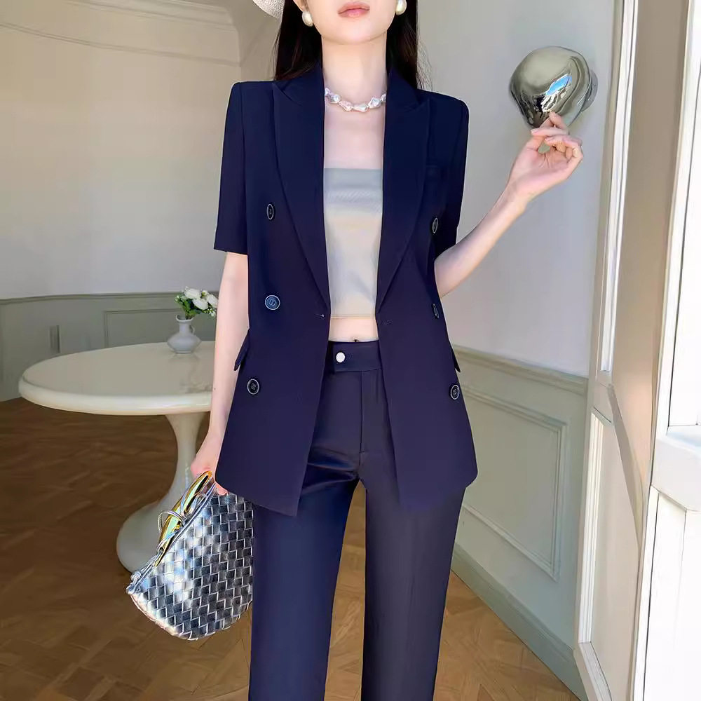 高端短袖西装套装女夏季薄款气质休闲西服阔腿裤销售部工作服正装