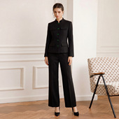 中山装 黑色复古新中式 新款 气质春季 女立领茶楼会议工作服 高端套装