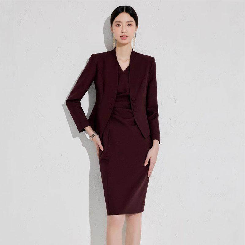 高级感安可拉红百搭长袖西装连衣裙两件套礼仪接待工作服宴会礼服