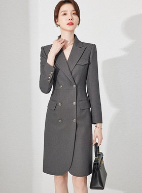 轻奢灰色高级感西装连衣裙气质职业装时尚高端主持人教师女工作服