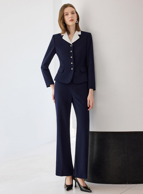 艾尚臣藏青色西装气质优雅西服套装商务女正装小翻领两件套职业装