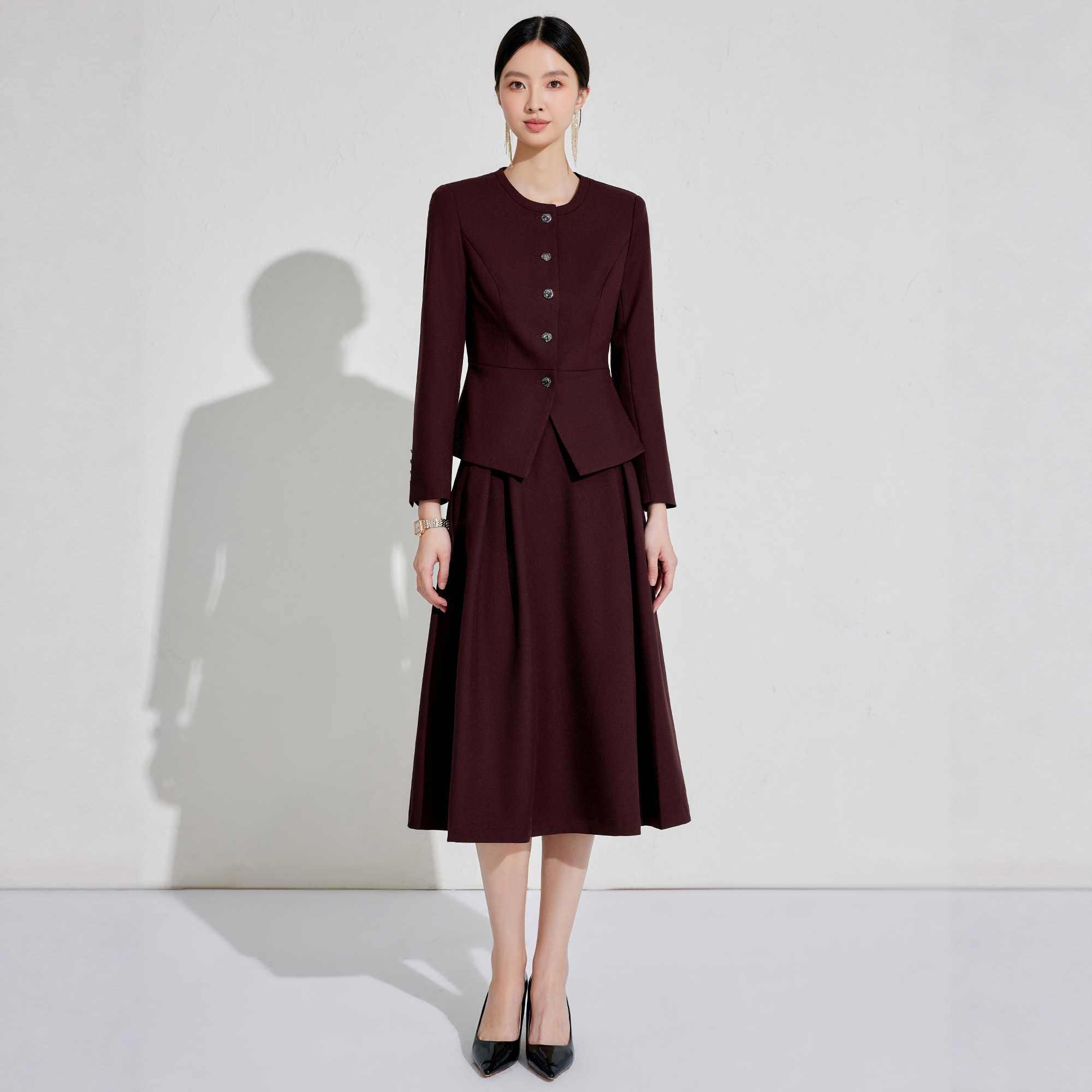 宴会礼服深红色西装套装女正式场合优雅长袖两件套伞裙高级感正装