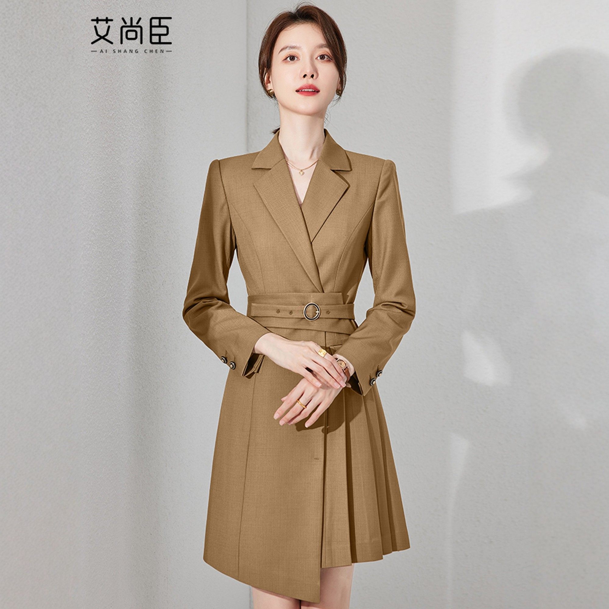 艾尚臣职业西装连衣裙气质收腰女士春夏高级感半百褶长袖正装腰带