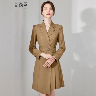 艾尚臣职业西装连衣裙气质收腰女士春夏高级感半百褶长袖正装腰带