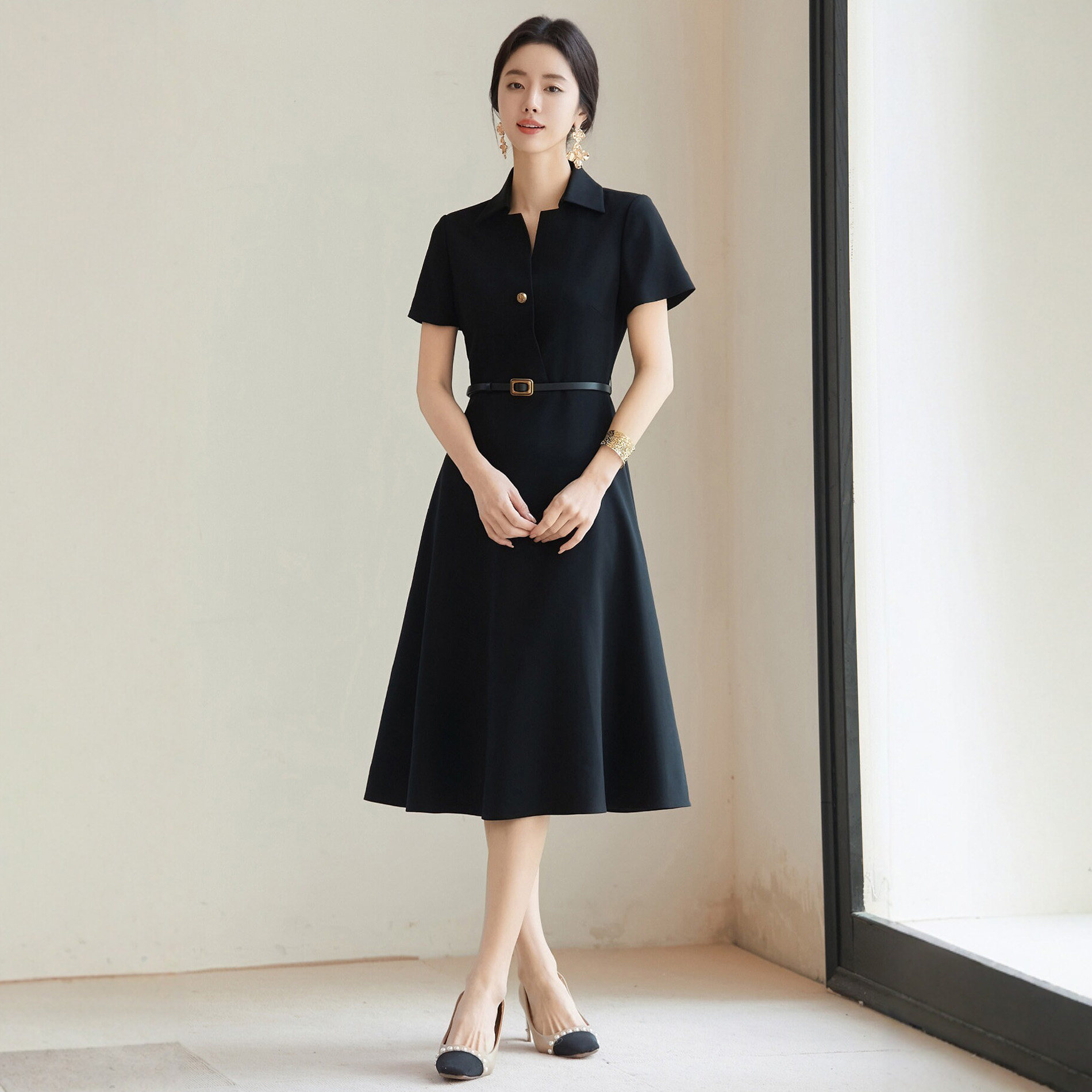 黑色连衣裙女高级感轻奢气质短袖夏季翻领宴会礼服教师销售工作服