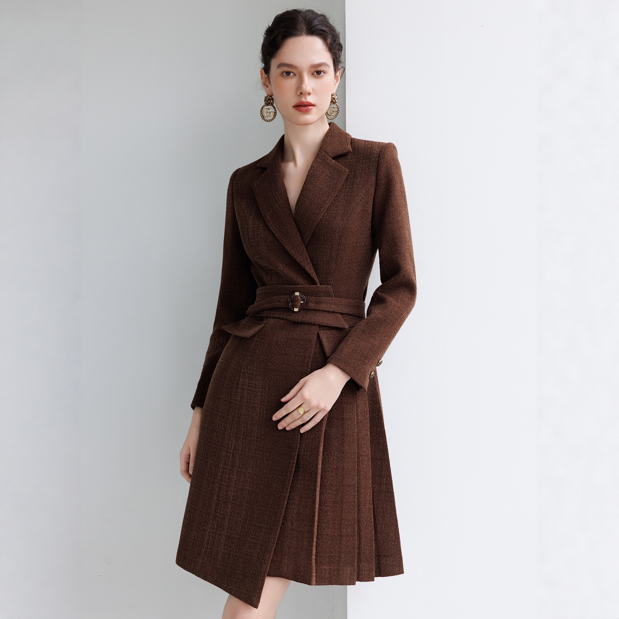 加厚毛呢大衣百褶西装连衣裙显瘦气质职业正式场合高级感宴会礼服