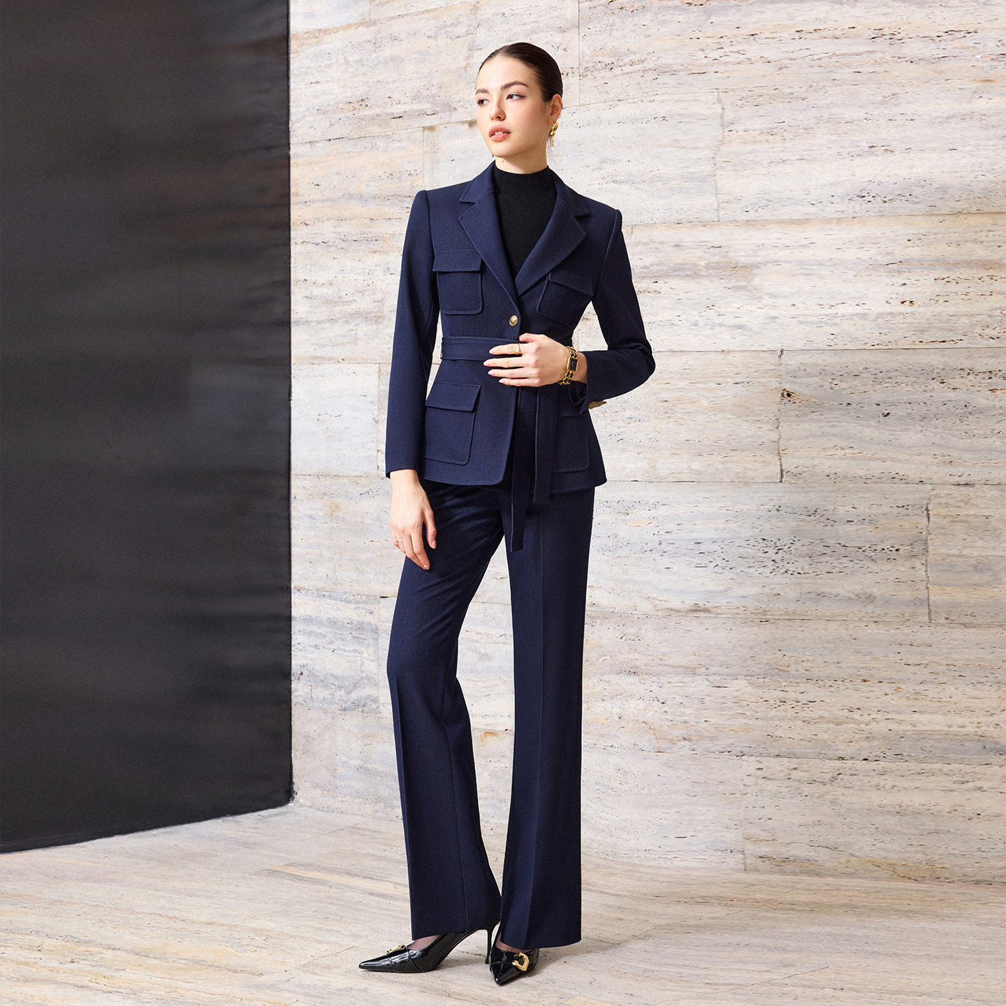 AD高端牛仔蓝正装女套装高级感微喇裤两件套职业商务复古西服工装