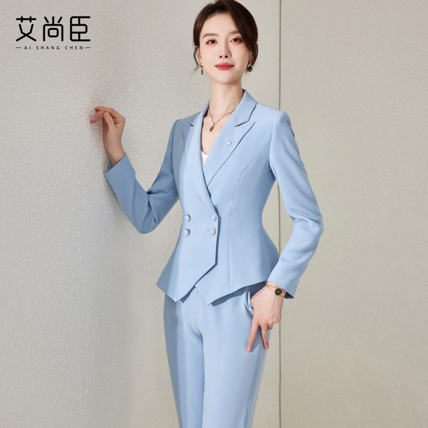 艾尚臣蓝色西装套装女职场气质正装主持人上镜高端前台接待工作服