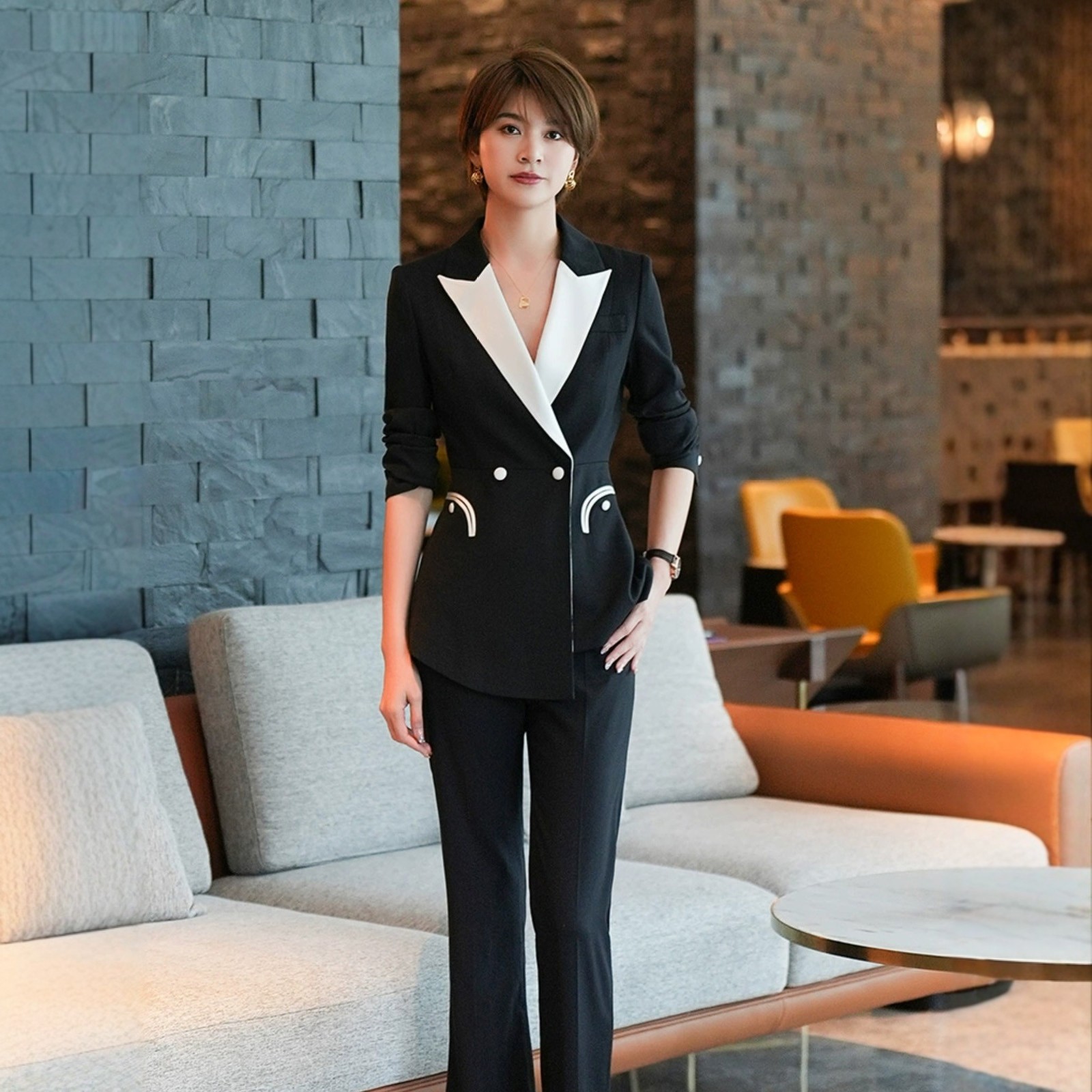 高端黑白拼接复古西装套装女设计感小众阔腿裤职业西服正装工作服