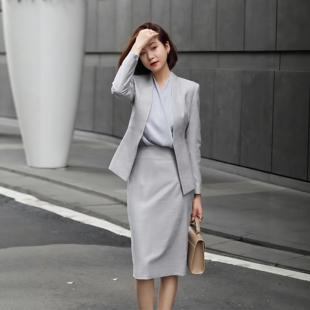 西服工作服 套裙女主持人销售正装 轻奢浅灰色春秋高端职业西装 修身