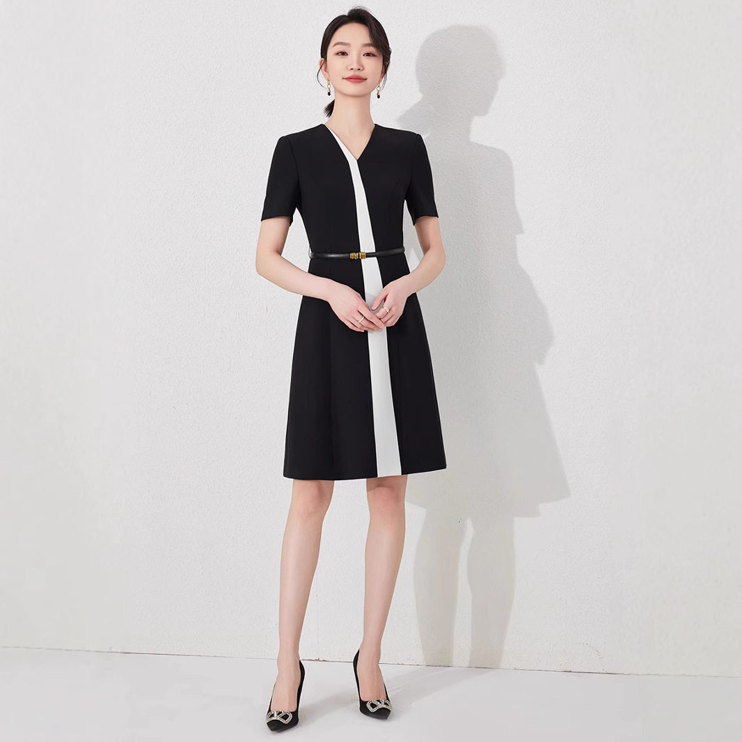 轻奢黑白拼接短袖连衣裙女工作服