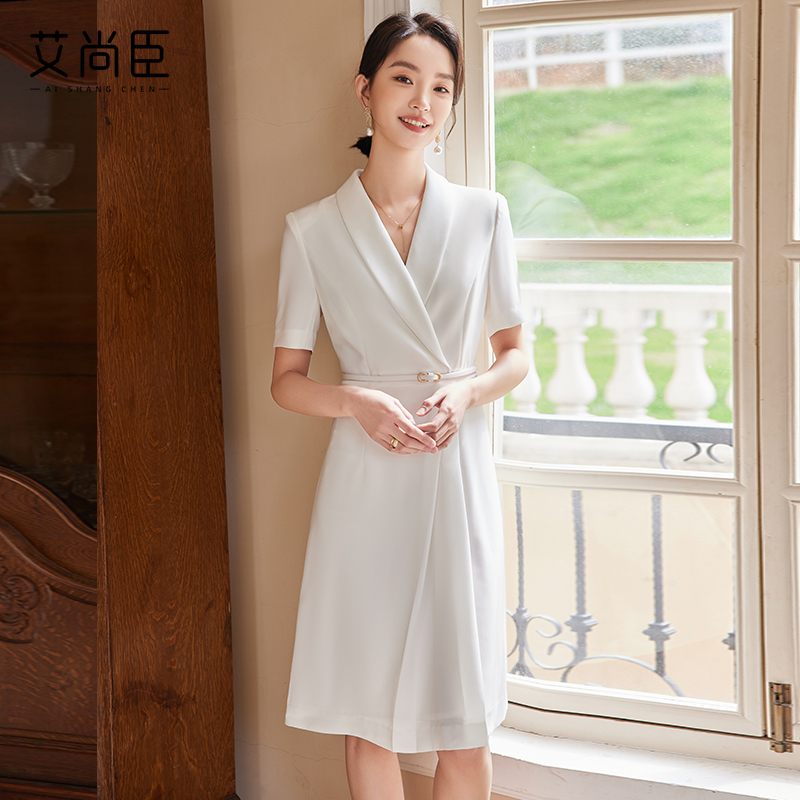 高端浅蓝色短袖西装气质连衣裙女夏百褶高级感主持人演讲比赛礼服