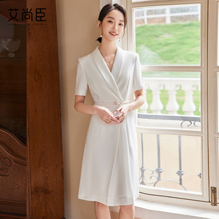 高端浅蓝色短袖西装气质连衣裙女夏百褶高级感主持人演讲比赛礼服