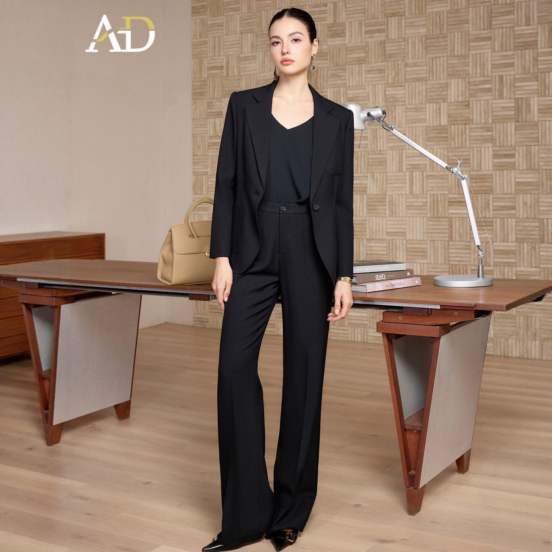 AD黑色气质百搭西装套装女高级感职场穿搭气质阔腿裤销售部工作服