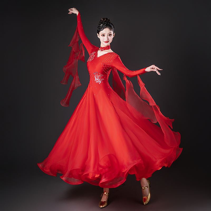 新款高档镶钻摩登舞裙连衣裙比赛演出服华尔兹舞蹈服装大摆交谊舞