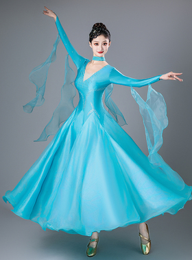 新款摩登舞演出服长袖舞蹈服大摆交谊舞连衣裙成人交谊舞比赛服装