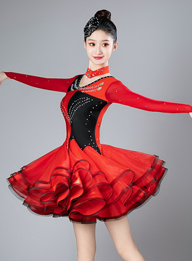 三步踩舞裙女舞蹈服新款比赛表演服吉特巴演出镶钻拉丁舞连衣裙服