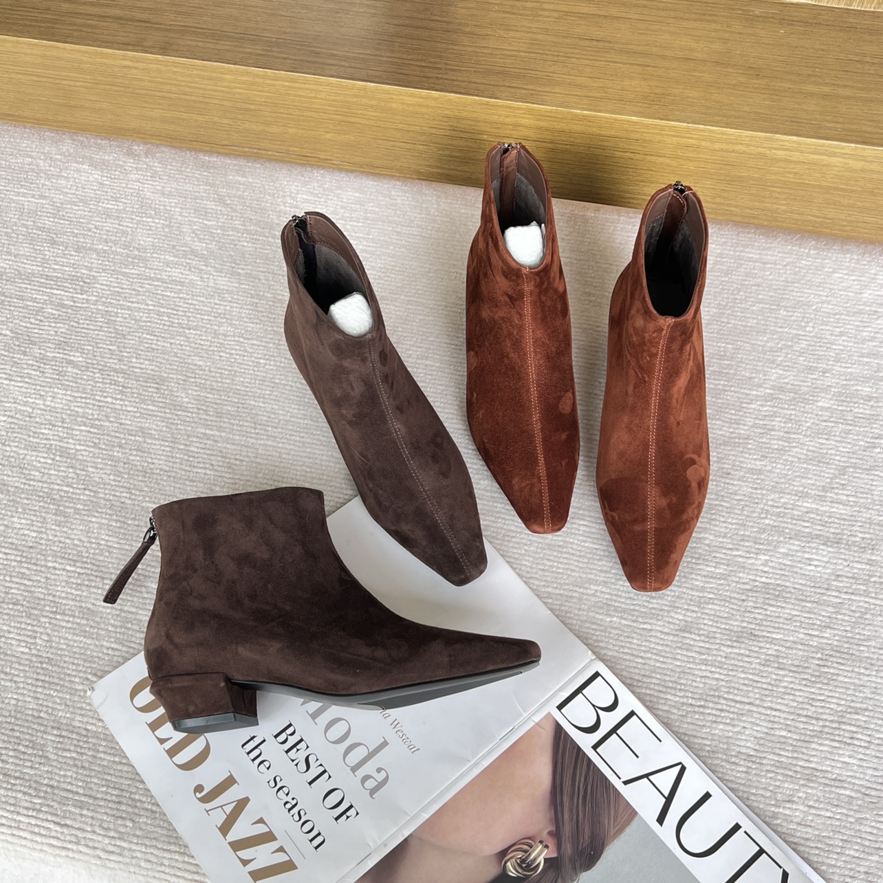 欧美极简风方头羊猄皮短靴