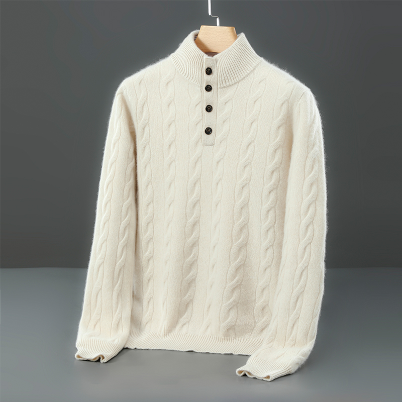 半高领系扣加厚扭花纯色套头毛衣