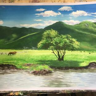 草原水粉色彩手绘素描丙烯代画彩铅风景画油画代画手绘水彩画定制