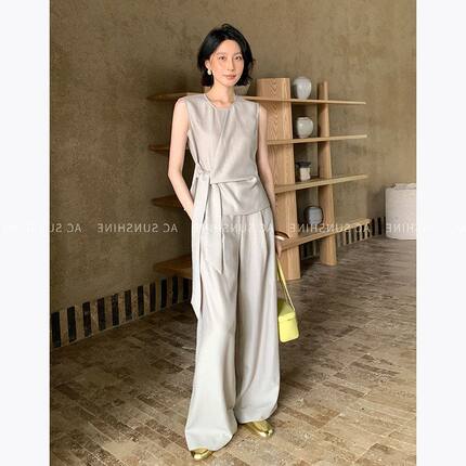 AC亚麻上衣SUN8501通勤现代降温天丝INE+收腰西裤绑带女夏SH套装