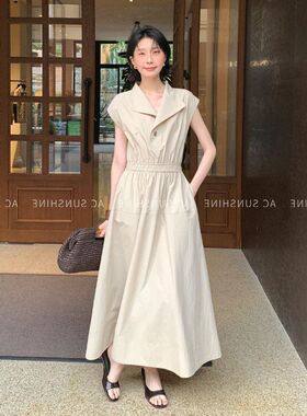 简约SH INE气质无袖AC连衣裙通勤H8558收腰翻领工装松紧SUN女夏风