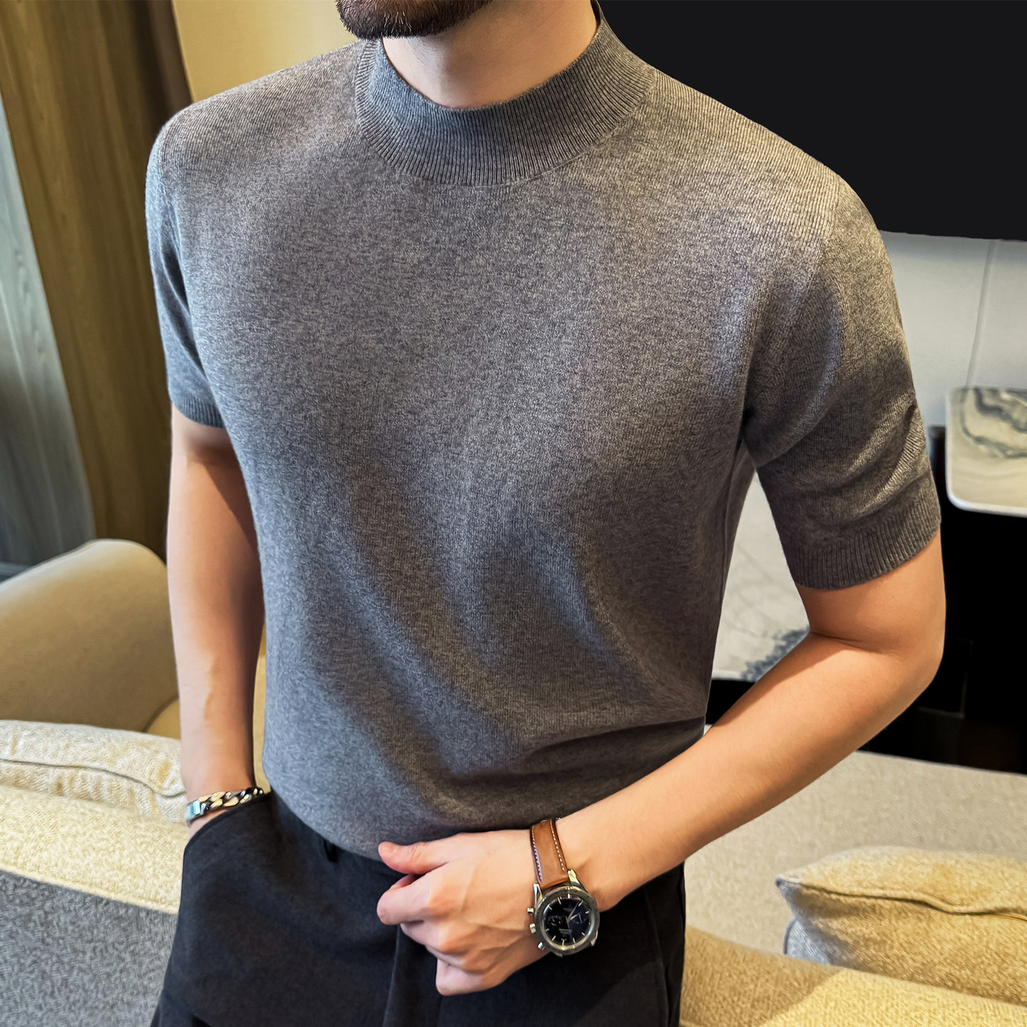 极简风半高领针织衫男短袖立领打底衫半袖毛衣高级感羊毛衫T恤薄
