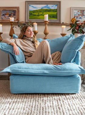 乳胶小户型沙发客厅简约浅蓝色公寓民宿单人布艺沙发直排北欧懒人