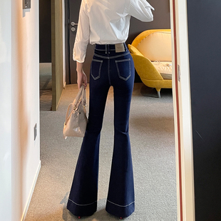 秋装韩版单宁色微喇牛仔裤女宽松大码高腰显瘦垂感加长宽边喇叭裤