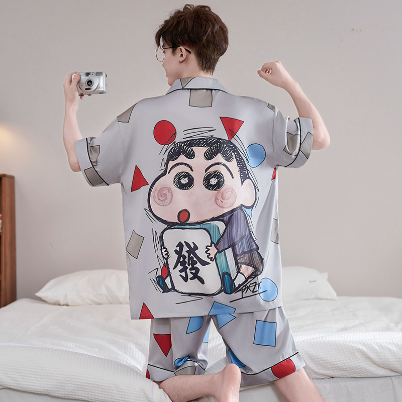 Summer Men's Pajamas Cartoon Ice Silk Short-Sleeved Thin Style Youth Plus Size Men's Summer Home Wear Set