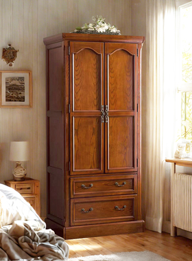 美式实木衣柜家用 欧式小型卧室柜子单门双门挂衣柜大衣橱储物柜