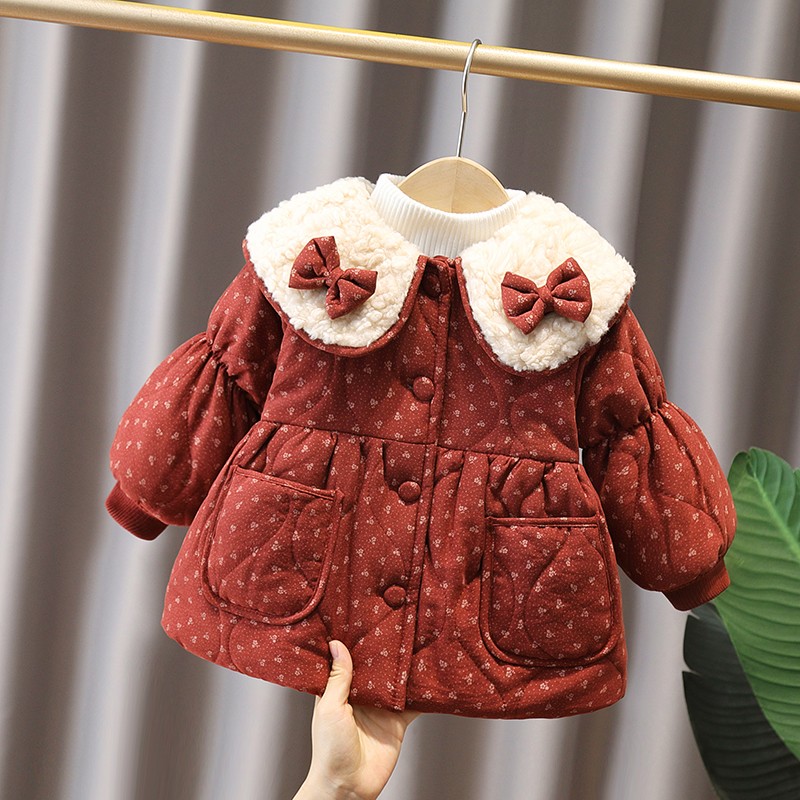 女童外套加绒加厚2025冬季新款洋气保暖小女孩上衣棉袄蝴蝶结上衣