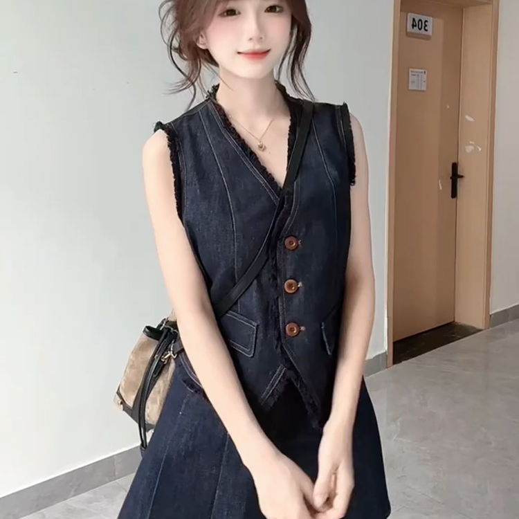 牛仔套装女夏2025新款学院风无袖马甲上衣辣妹百褶半身裙两件套潮